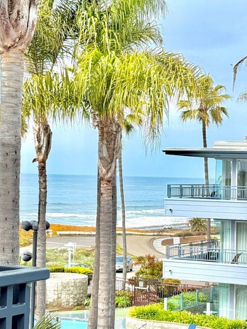 Sunlit beach scene with palm trees, ocean view, and modern balconies from a sunny balcony.